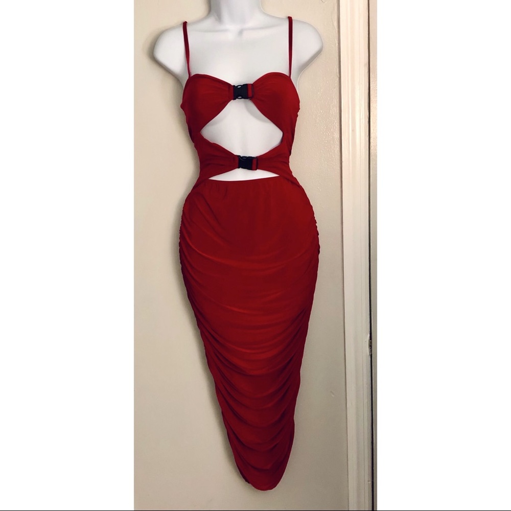 Red Buckle Slinky Strappy Midaxi Dress